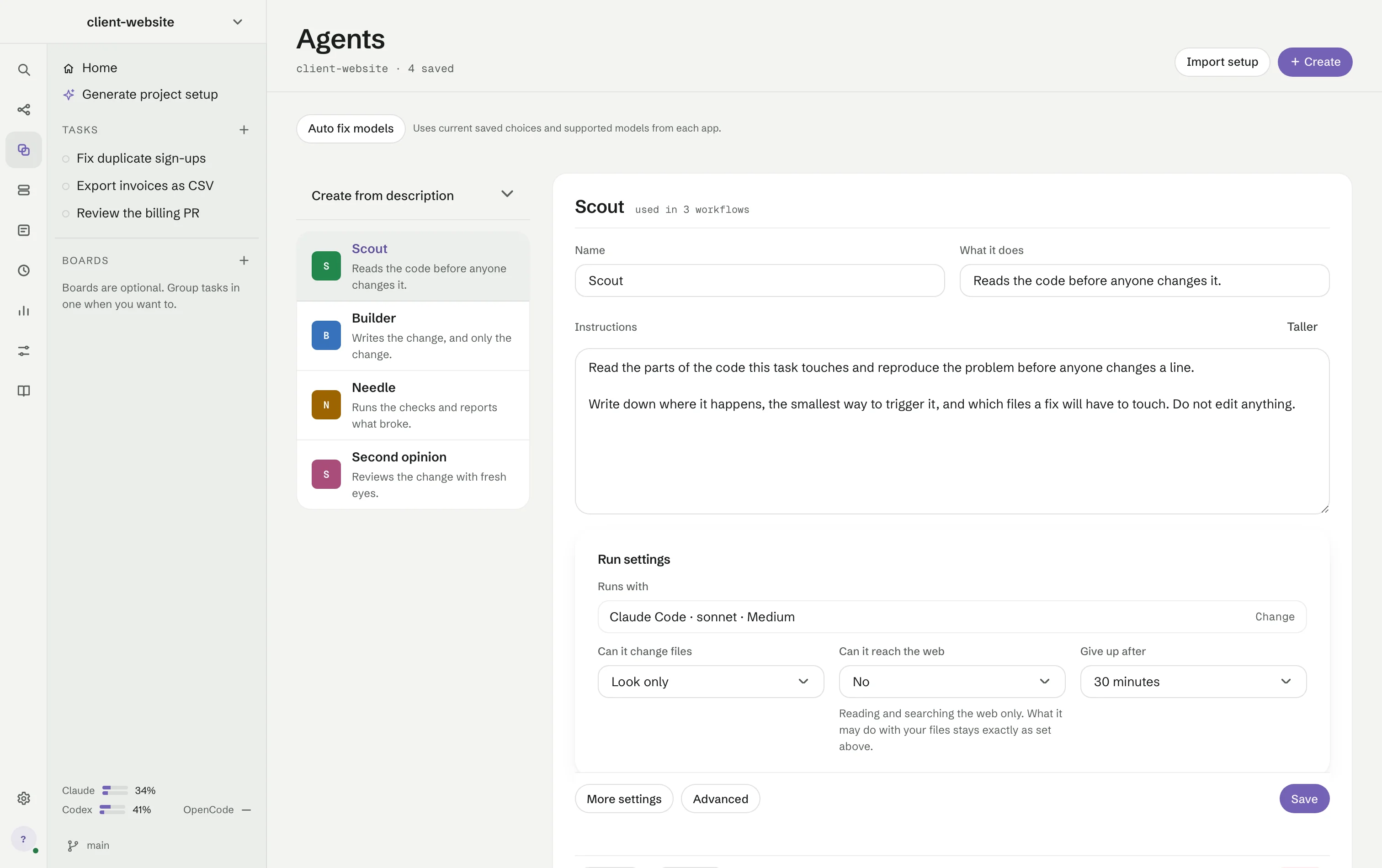 The Agents screen: four roles in a list beside Scout, which runs with Claude Code and reads the code before anyone changes it.