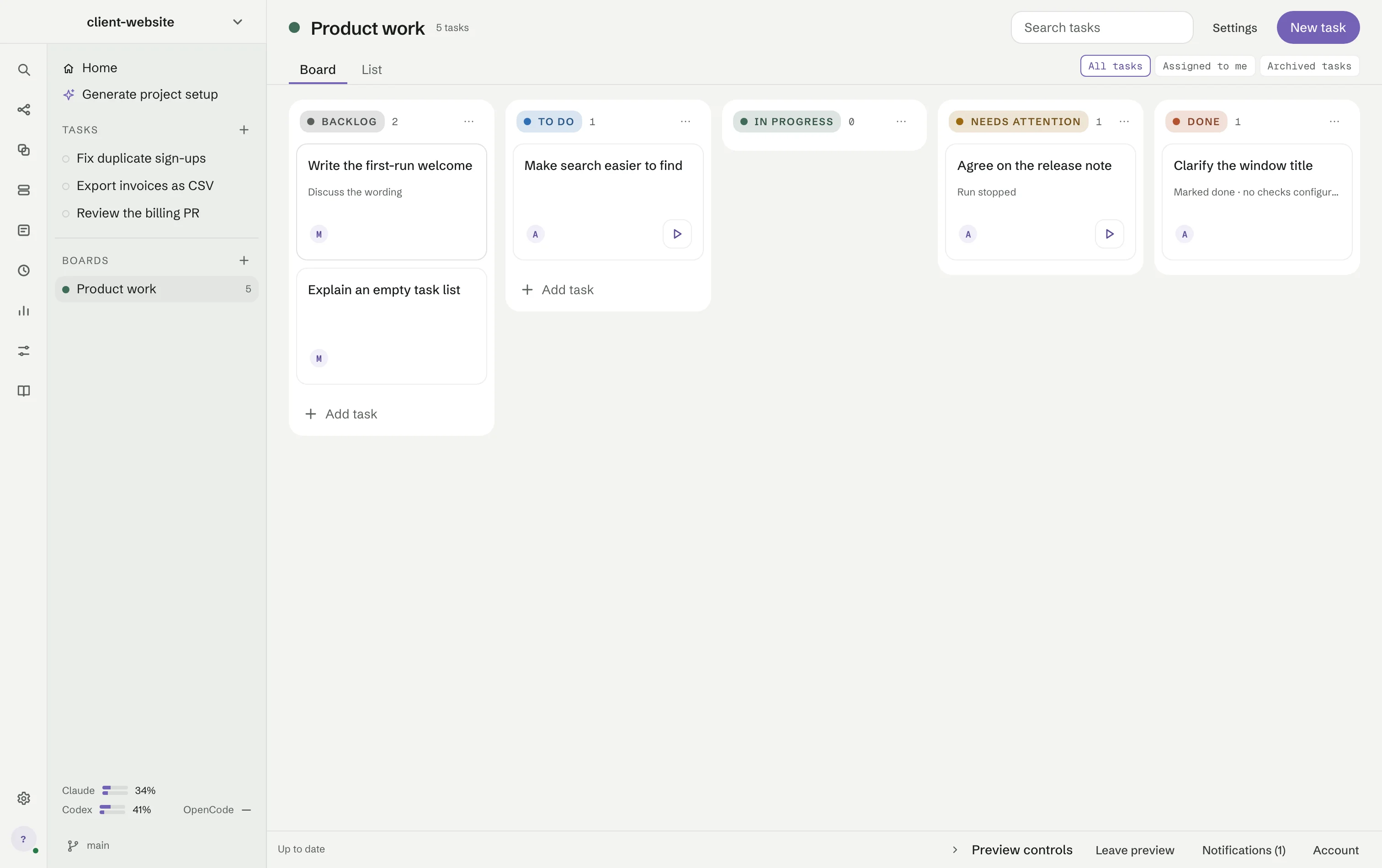 A board called Product work in the Board view: Backlog, To do, In progress, Needs attention and Done columns with task cards, and the board in the side panel.