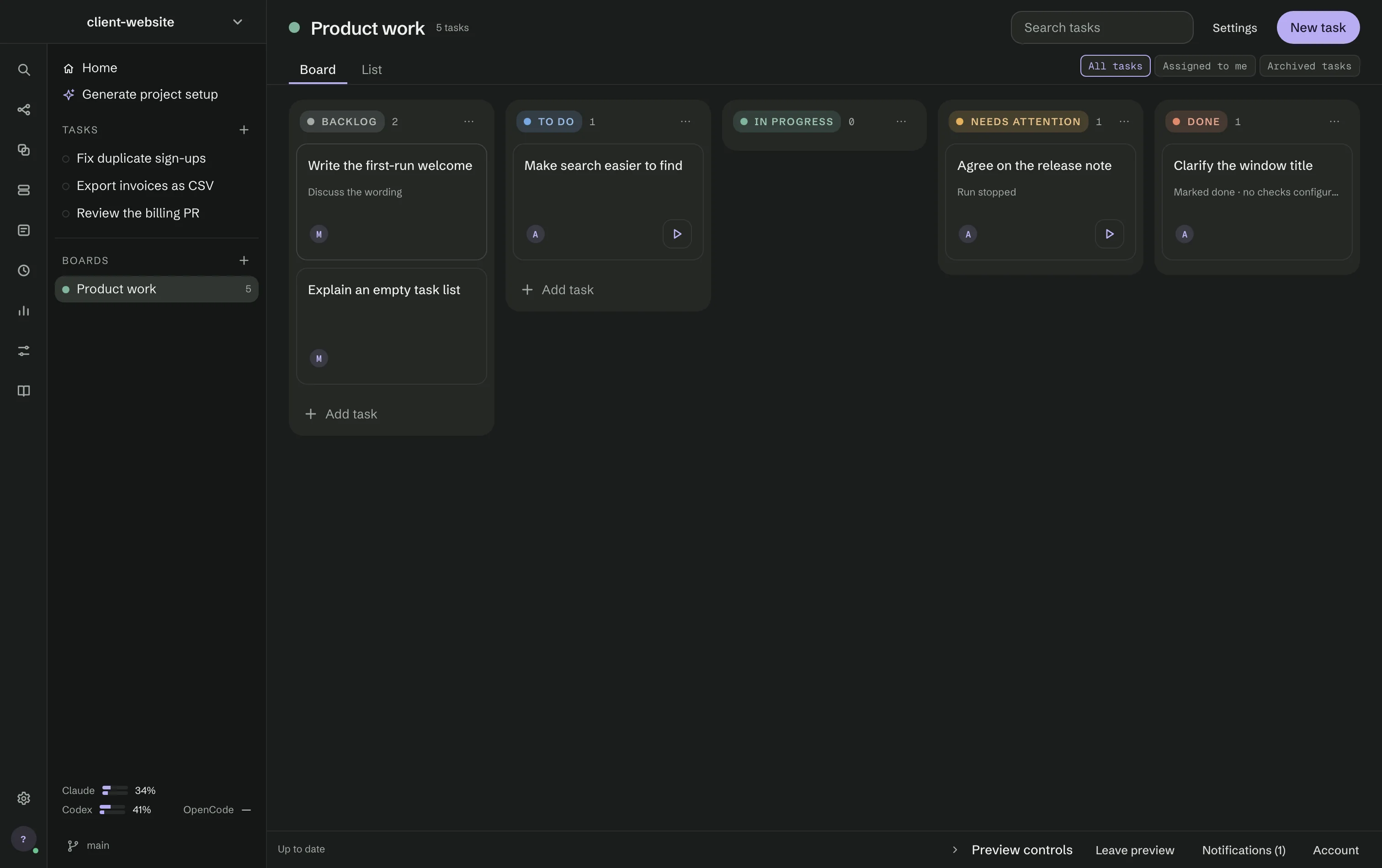 A board called Product work in the Board view: Backlog, To do, In progress, Needs attention and Done columns with task cards, and the board in the side panel.