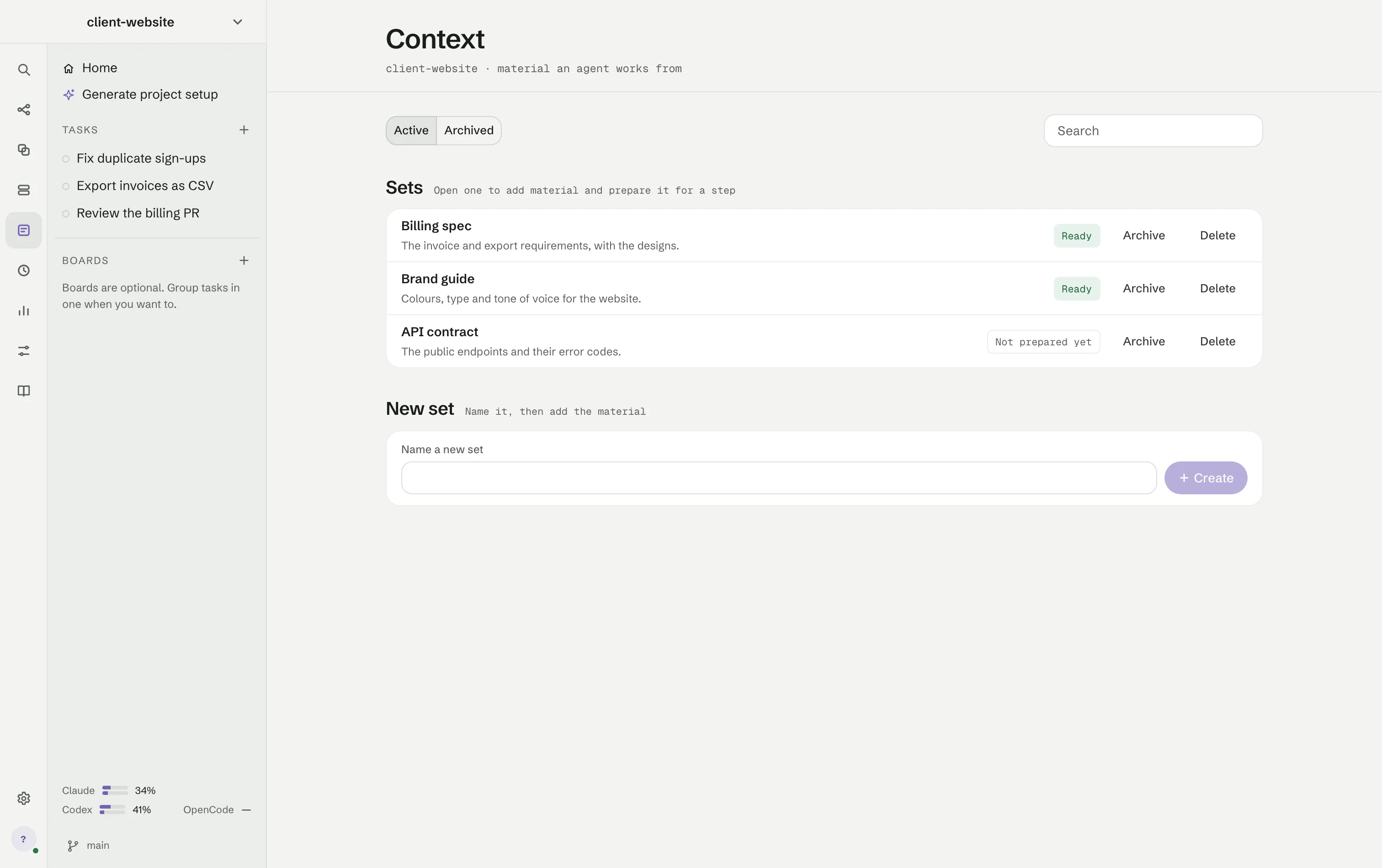 The Context screen: three sets — Billing spec and Brand guide ready, API contract not prepared yet — and the field to name a new set.