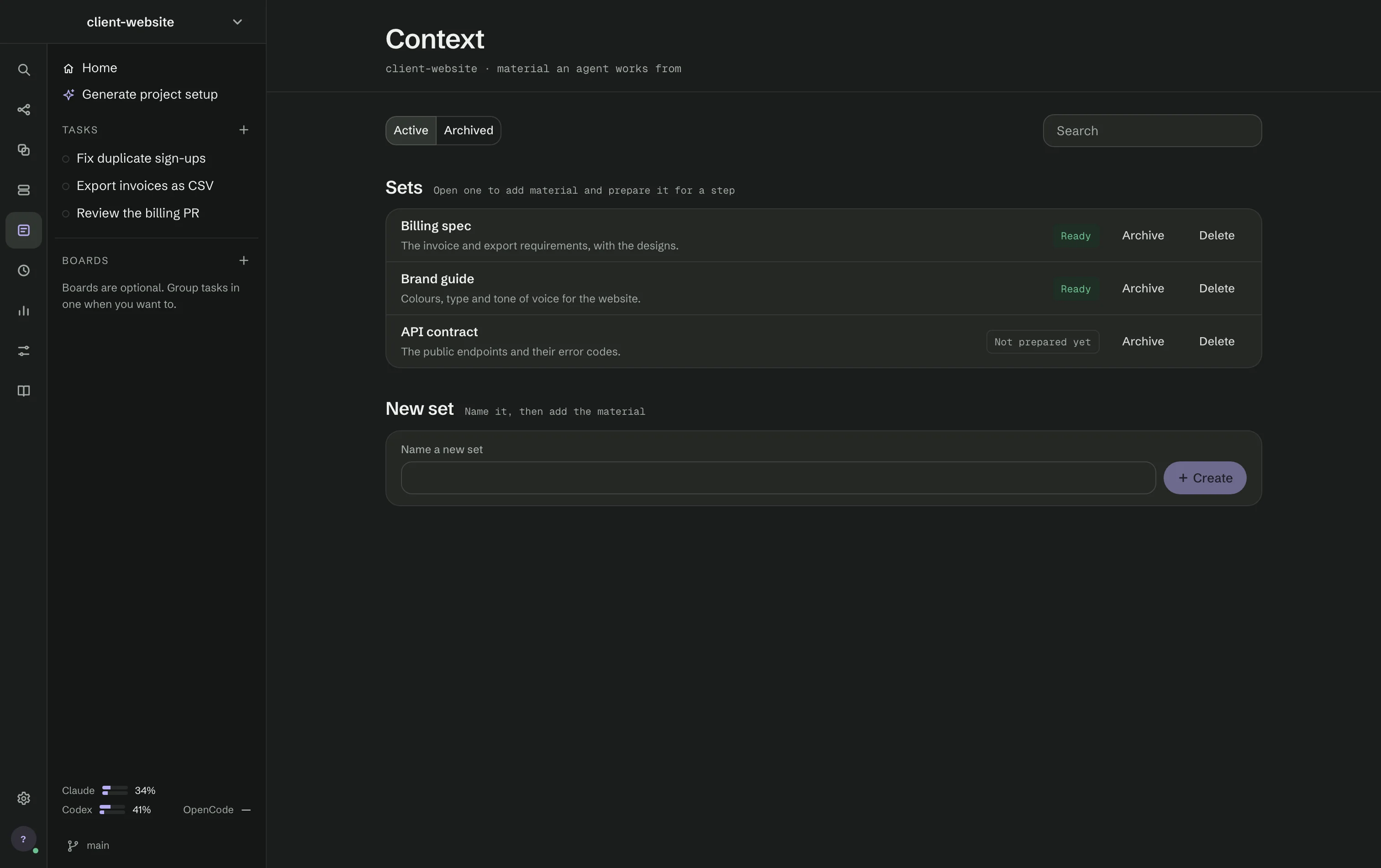 The Context screen: three sets — Billing spec and Brand guide ready, API contract not prepared yet — and the field to name a new set.