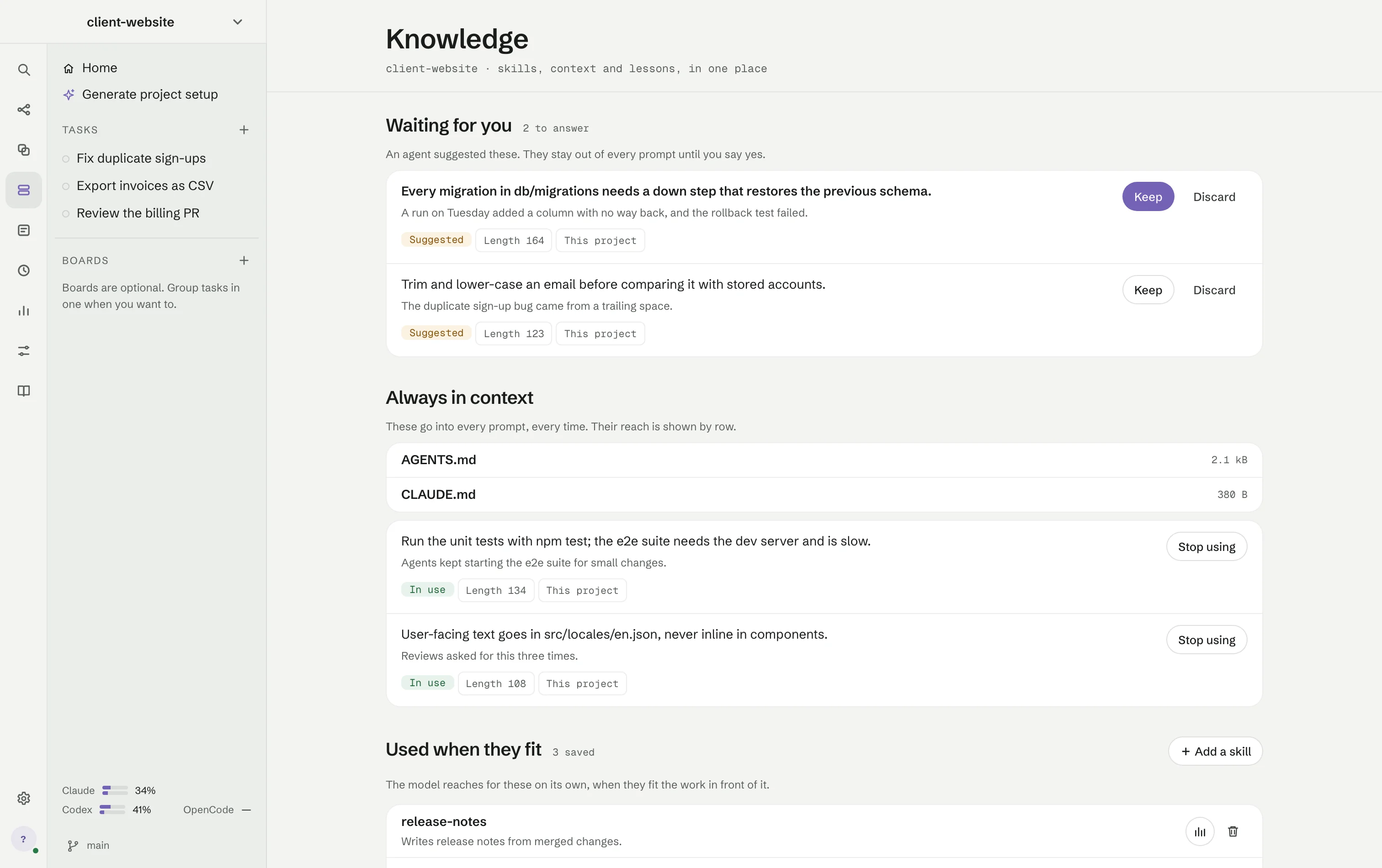 The Knowledge screen: two suggested notes waiting for you, two notes always in context and three skills used when they fit.