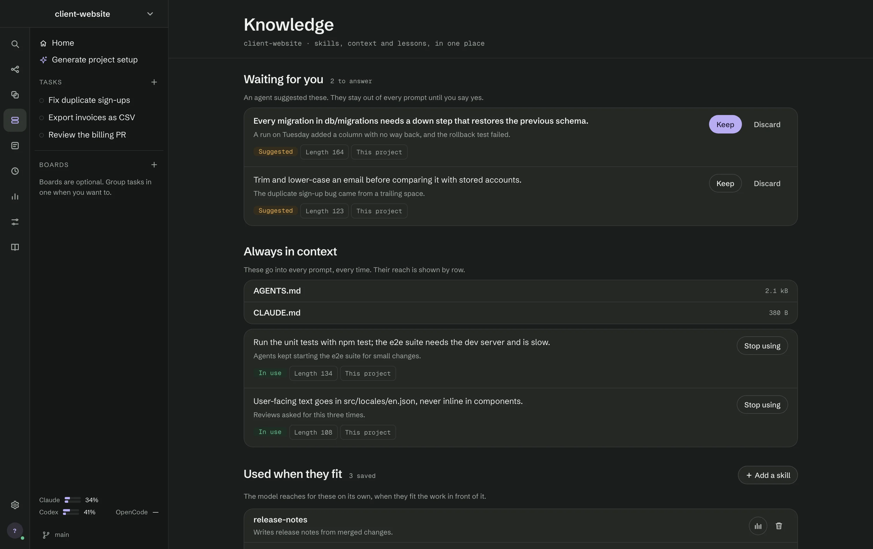 The Knowledge screen: two suggested notes waiting for you, two notes always in context and three skills used when they fit.
