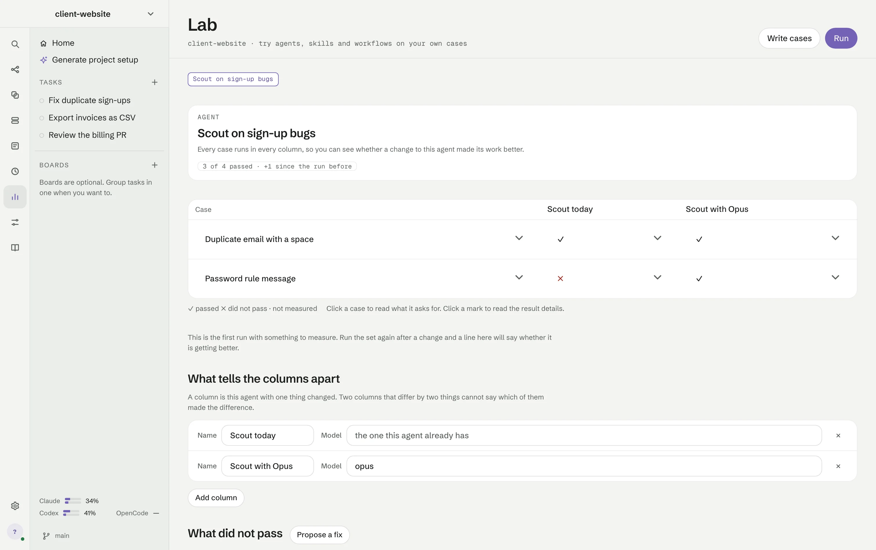 The Lab with the set Scout on sign-up bugs open: two cases in two columns, Scout today and Scout with Opus, with passed and did-not-pass marks, and the columns below.