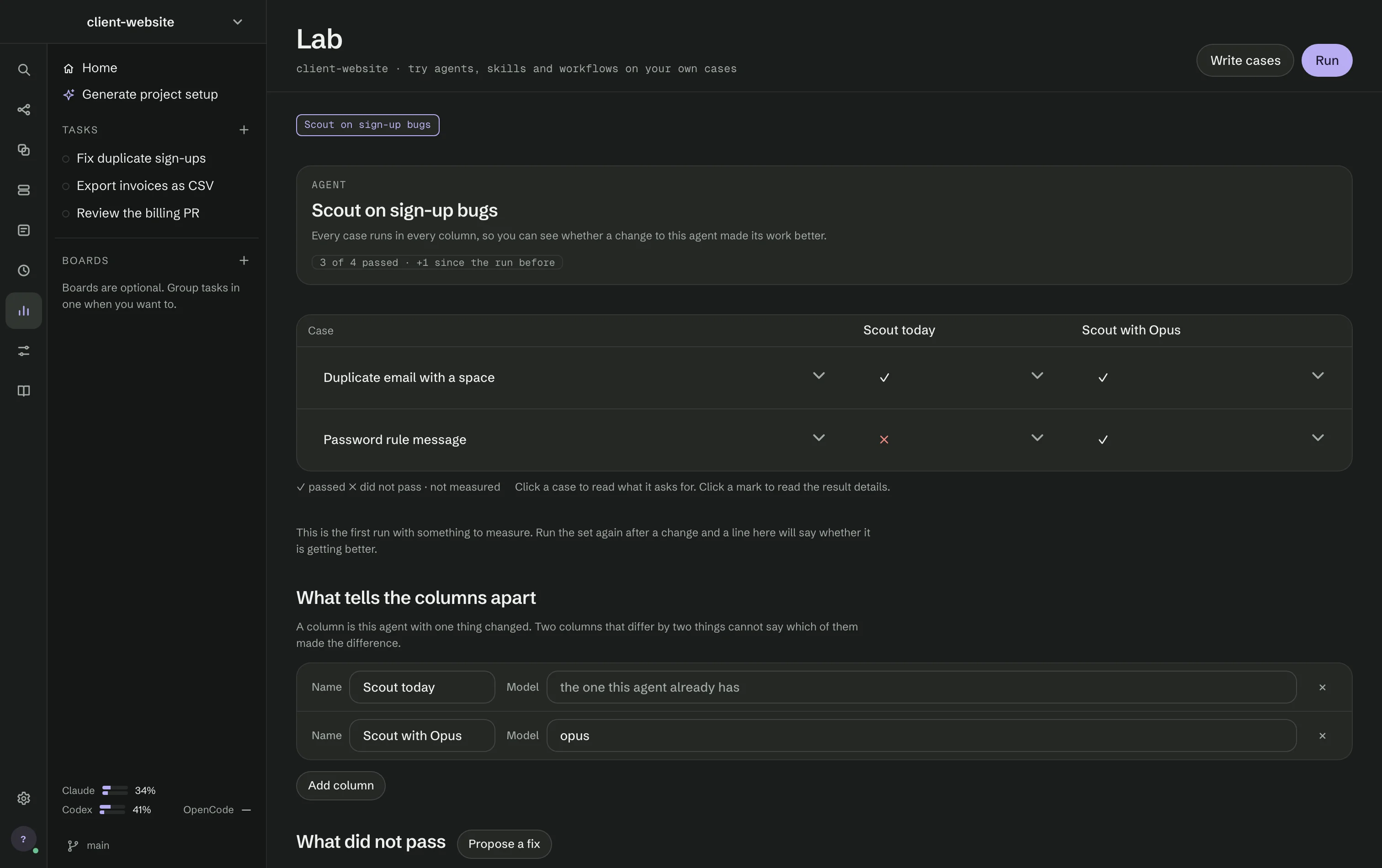 The Lab with the set Scout on sign-up bugs open: two cases in two columns, Scout today and Scout with Opus, with passed and did-not-pass marks, and the columns below.