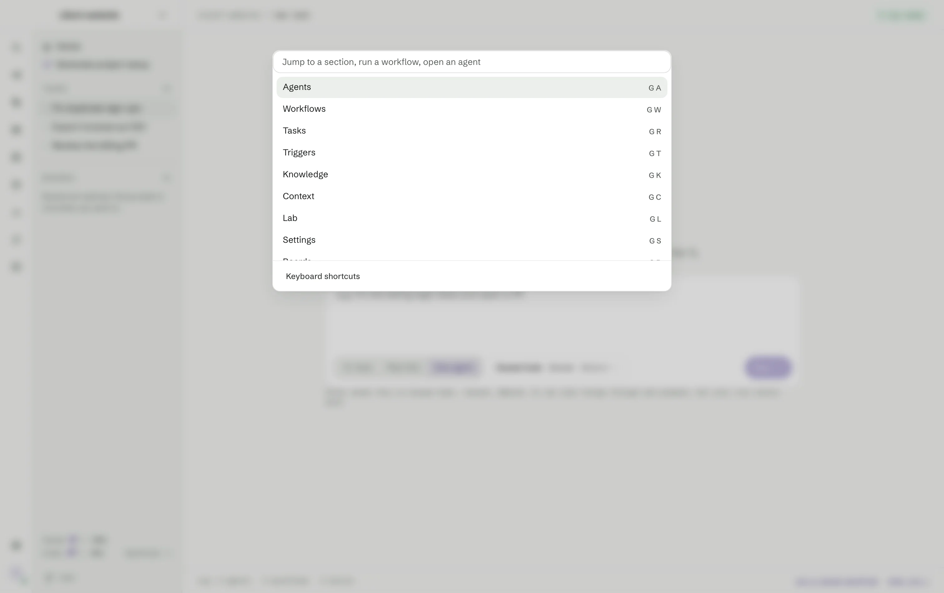 The Go to anything list opened with ⌘K over the window: every section with its G shortcut, and the rail and side panel behind it.