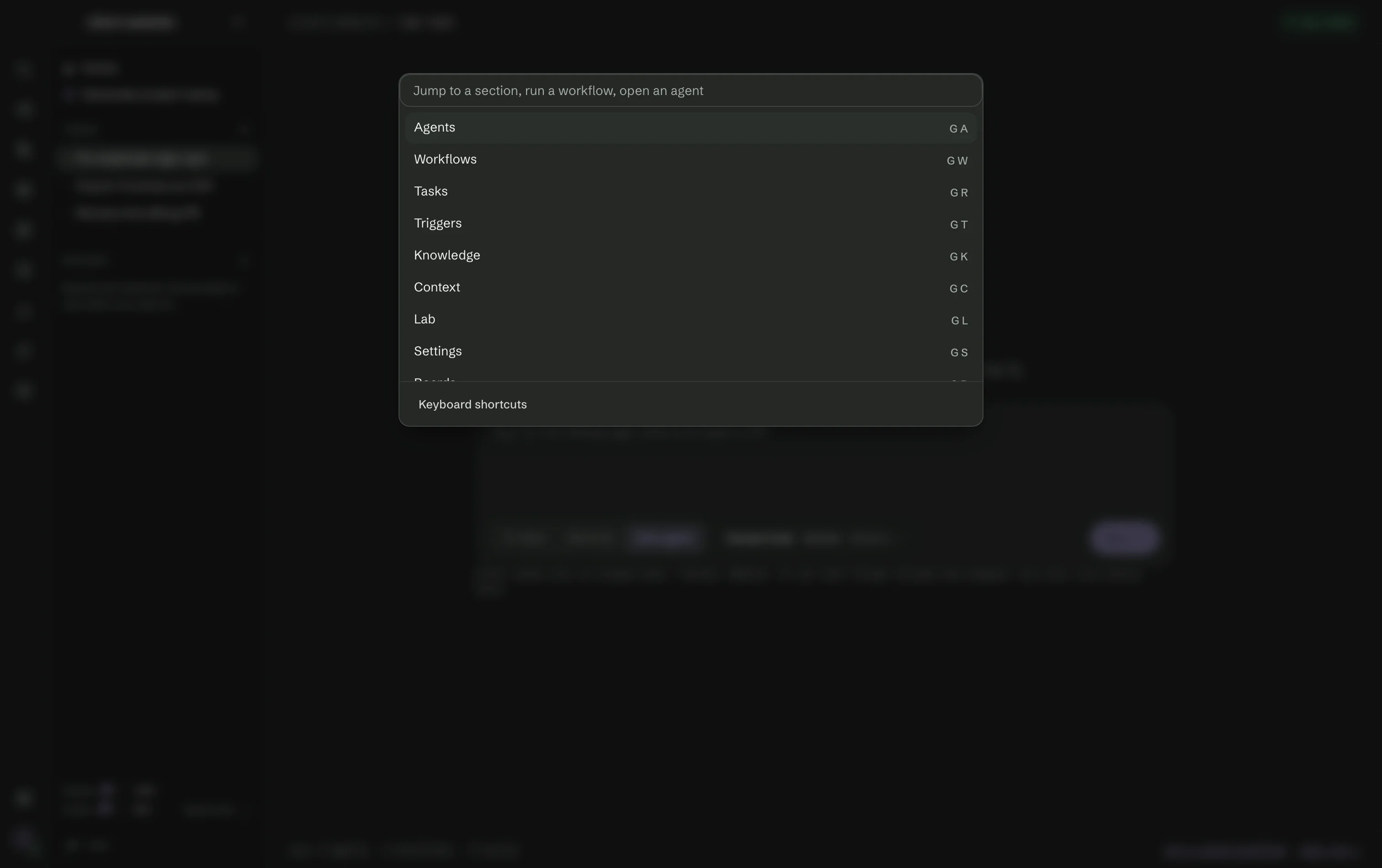The Go to anything list opened with ⌘K over the window: every section with its G shortcut, and the rail and side panel behind it.