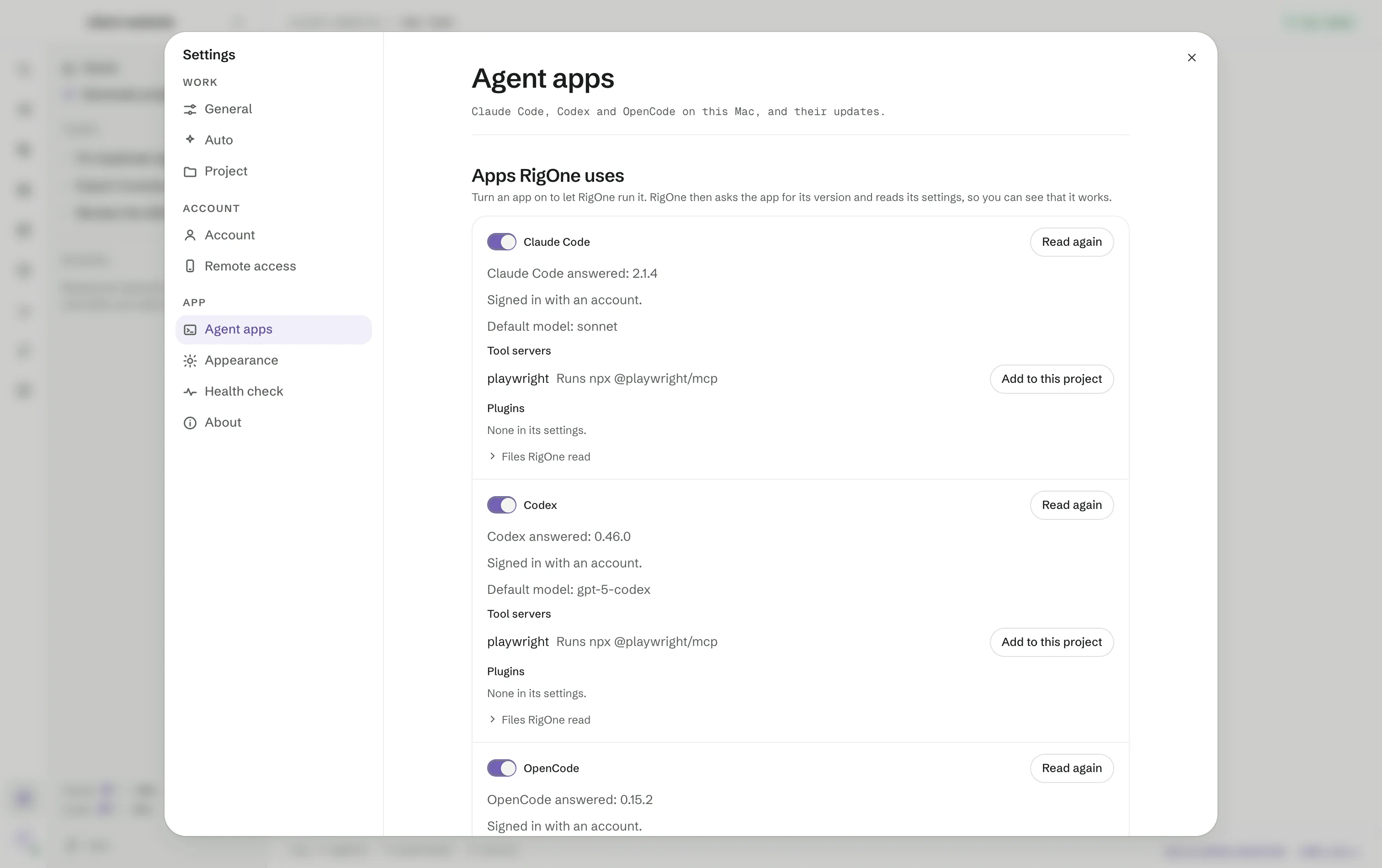 Settings → Agent apps: Claude Code, Codex and OpenCode switched on, each with its version, sign-in, default model and tool servers.