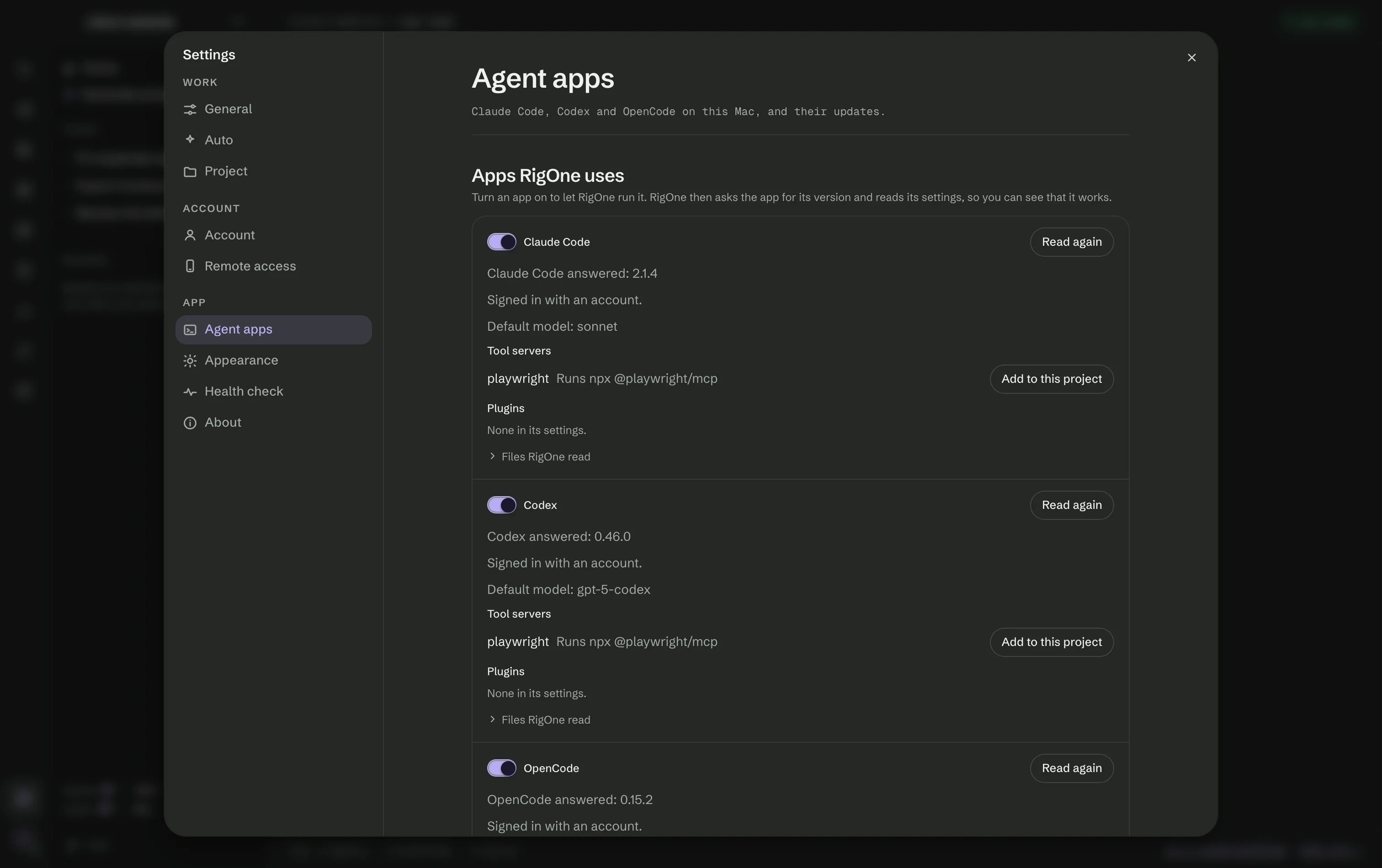 Settings → Agent apps: Claude Code, Codex and OpenCode switched on, each with its version, sign-in, default model and tool servers.