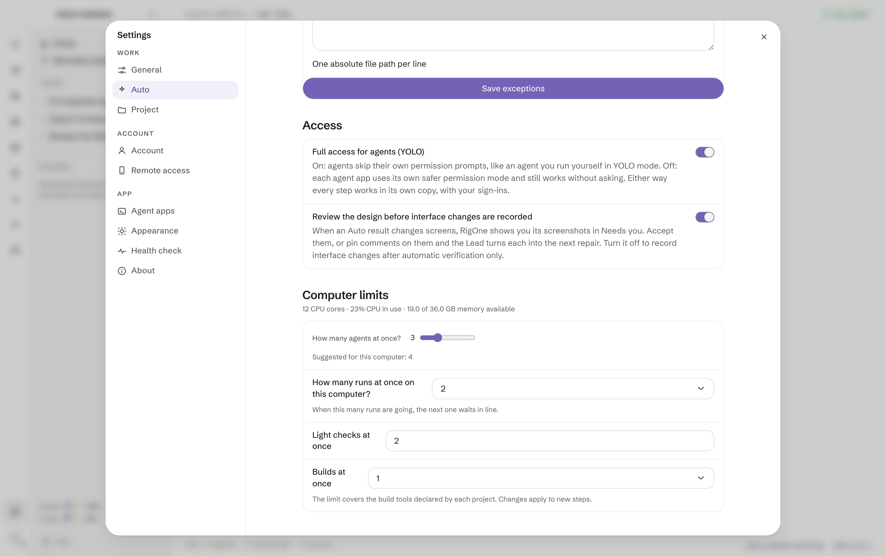 Settings → Auto: full access and design review switched on, and the computer limits with the number of agents at once.