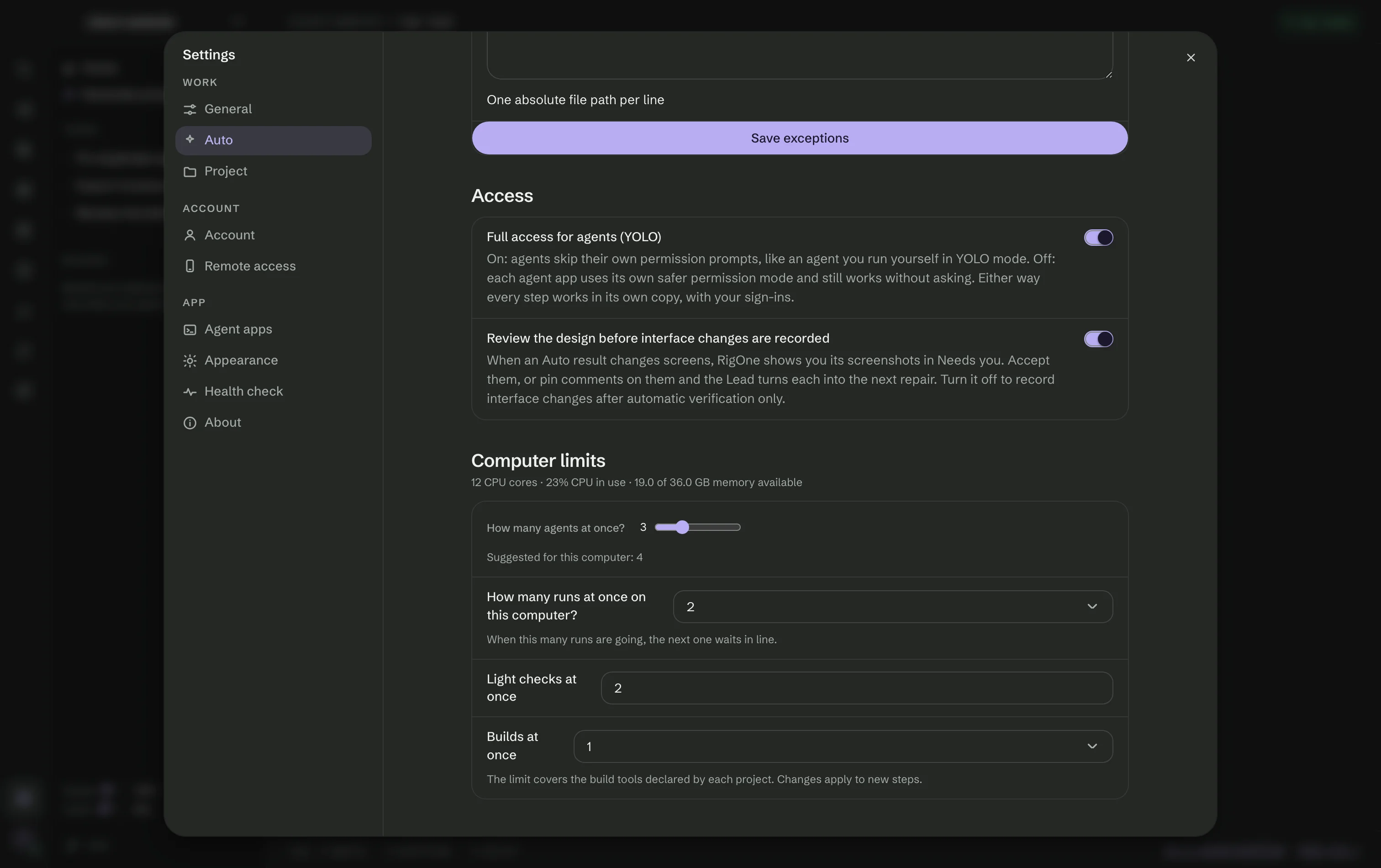 Settings → Auto: full access and design review switched on, and the computer limits with the number of agents at once.