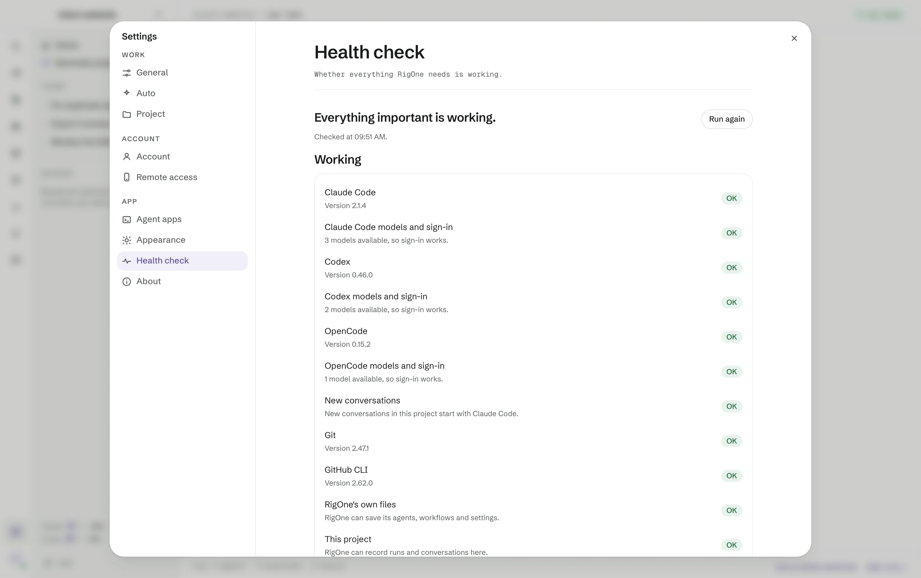 Settings → Health check: Everything important is working, with every agent app, Git, the GitHub CLI, RigOne's files and this project marked OK.