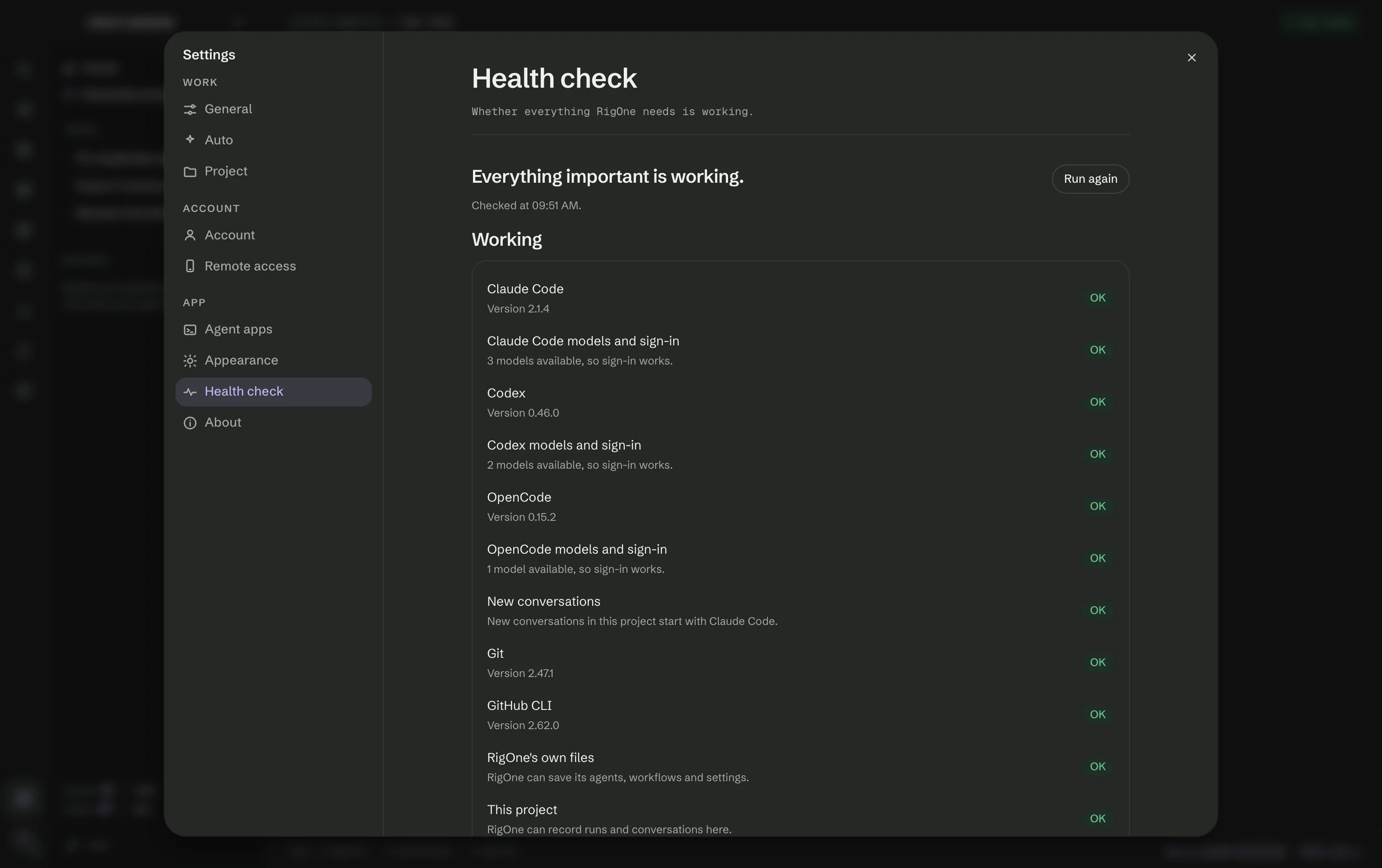 Settings → Health check: Everything important is working, with every agent app, Git, the GitHub CLI, RigOne's files and this project marked OK.