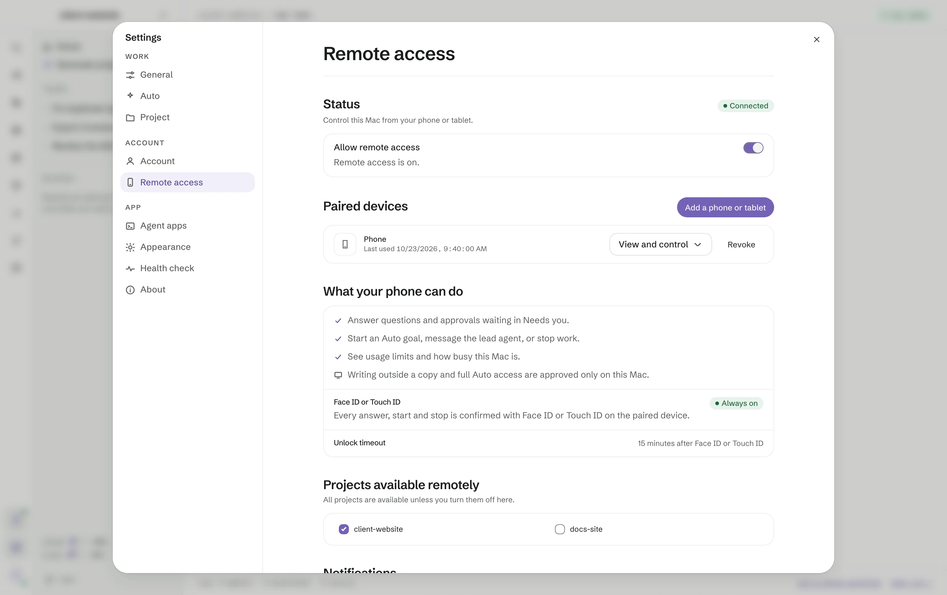 Settings → Remote access: Allow remote access, paired devices, what your phone can do and the projects available remotely.