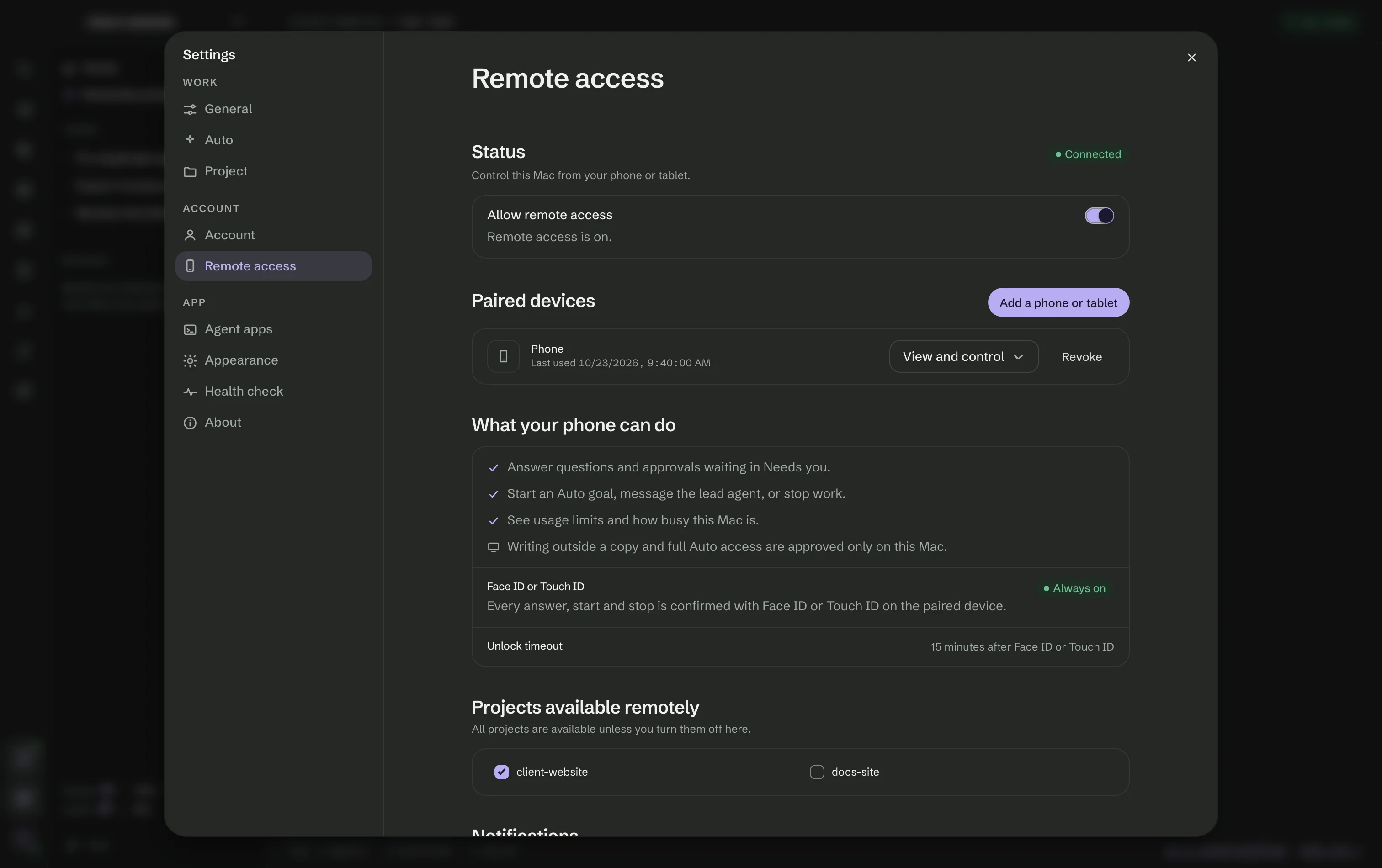 Settings → Remote access: Allow remote access, paired devices, what your phone can do and the projects available remotely.