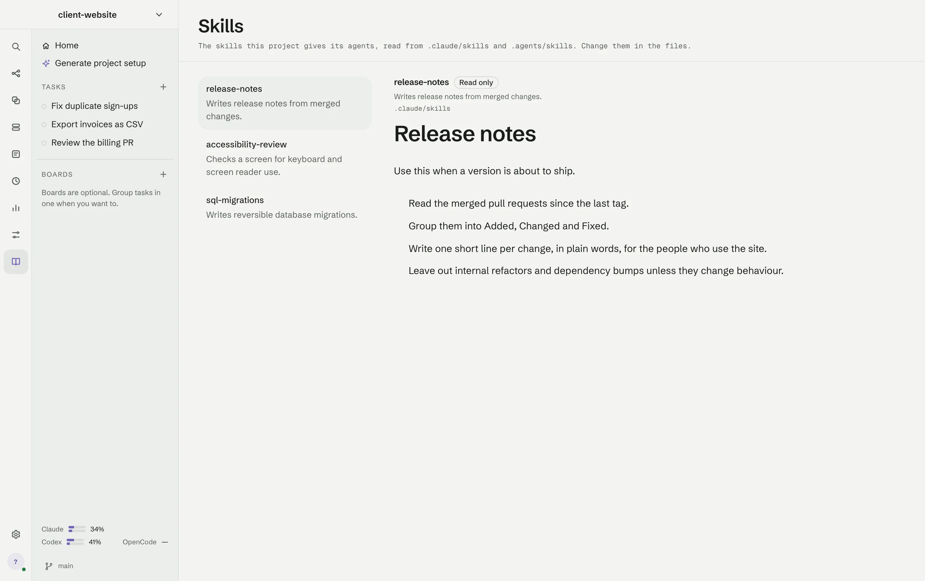 The Skills screen: three skills of the project in a list, and release-notes open on the right, read only, with its instructions.
