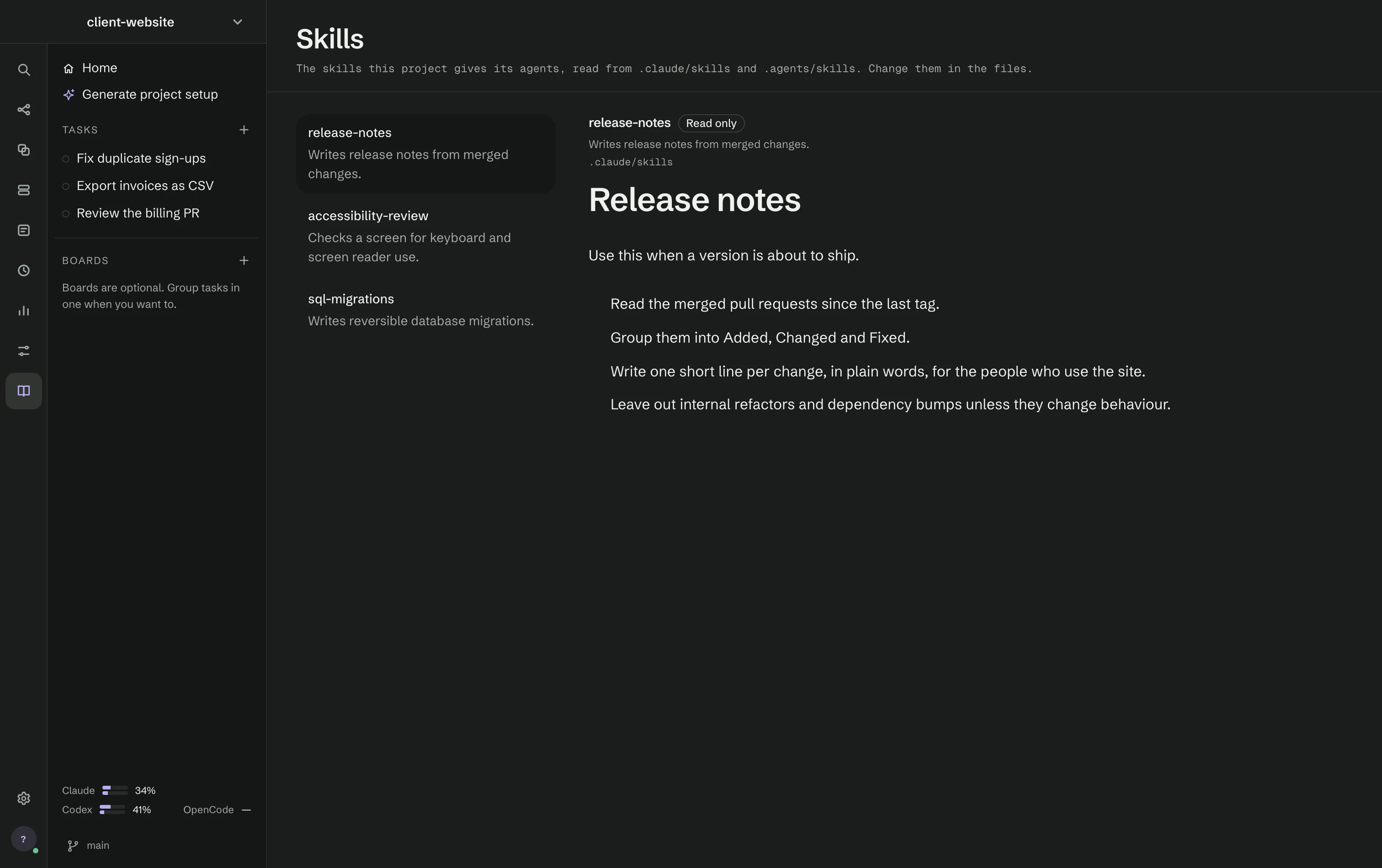 The Skills screen: three skills of the project in a list, and release-notes open on the right, read only, with its instructions.