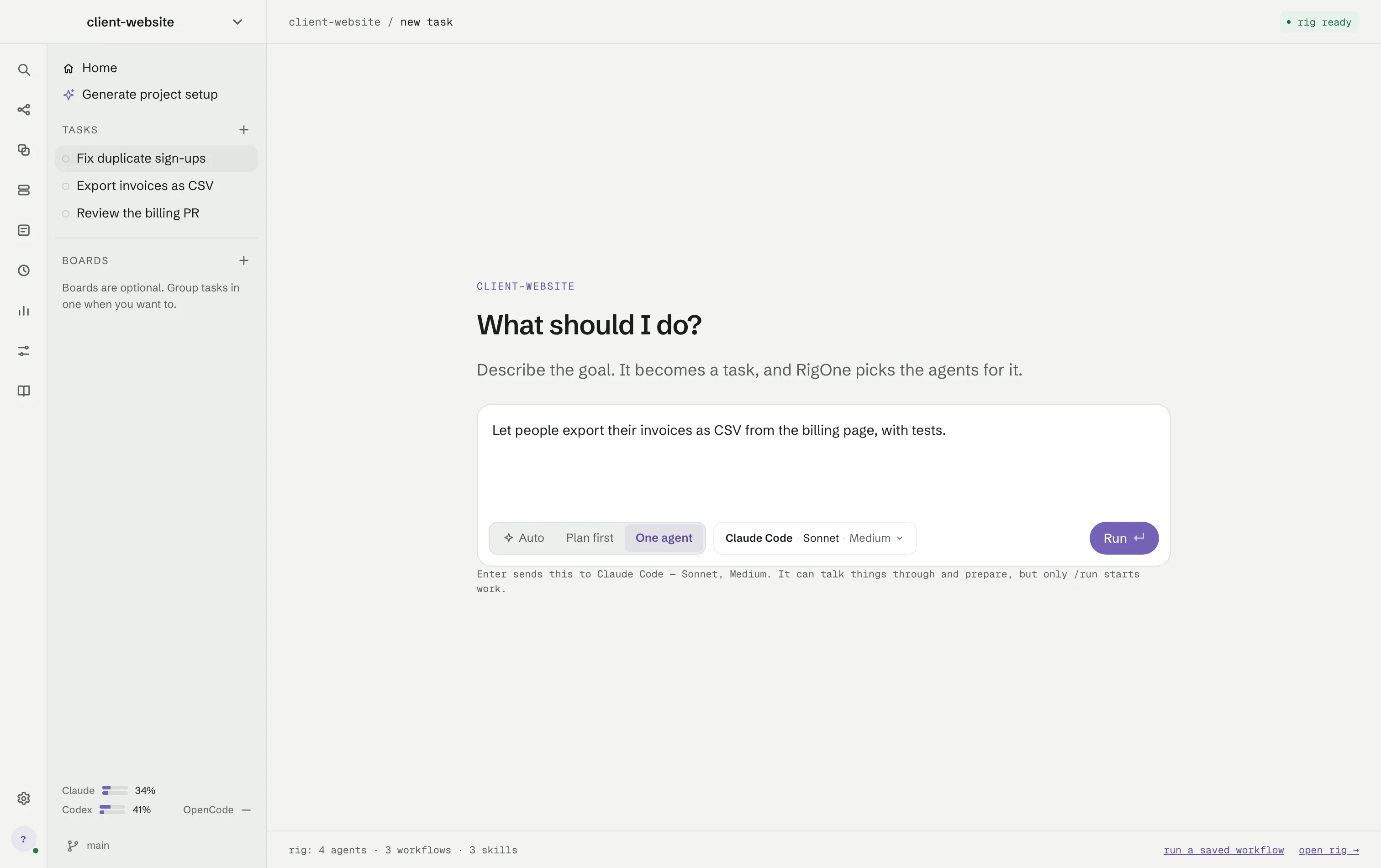 A new task in client-website: a goal typed under What should I do?, the Auto, Plan first and One agent modes, the agent app and model, and three tasks in the side panel.