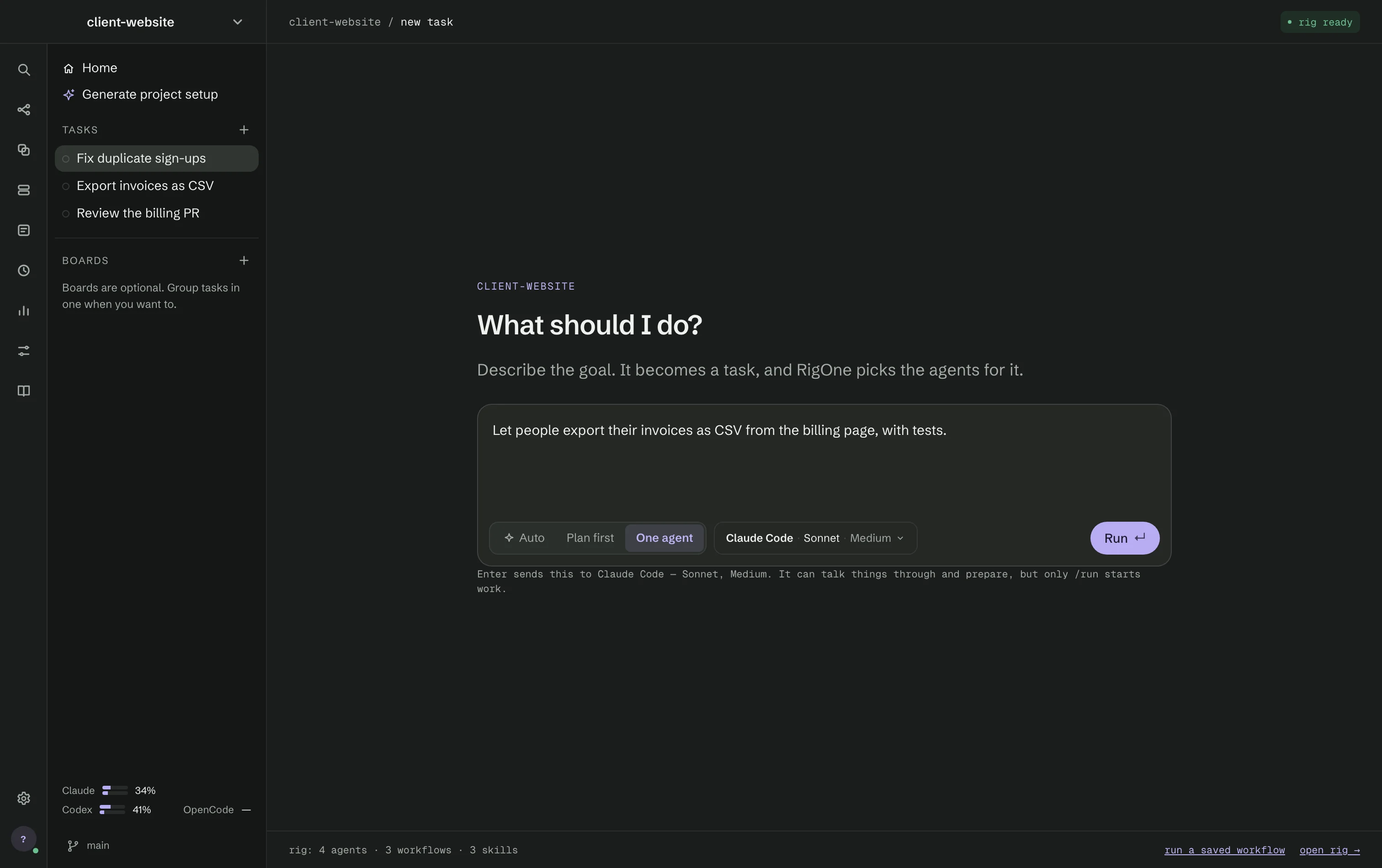 A new task in client-website: a goal typed under What should I do?, the Auto, Plan first and One agent modes, the agent app and model, and three tasks in the side panel.