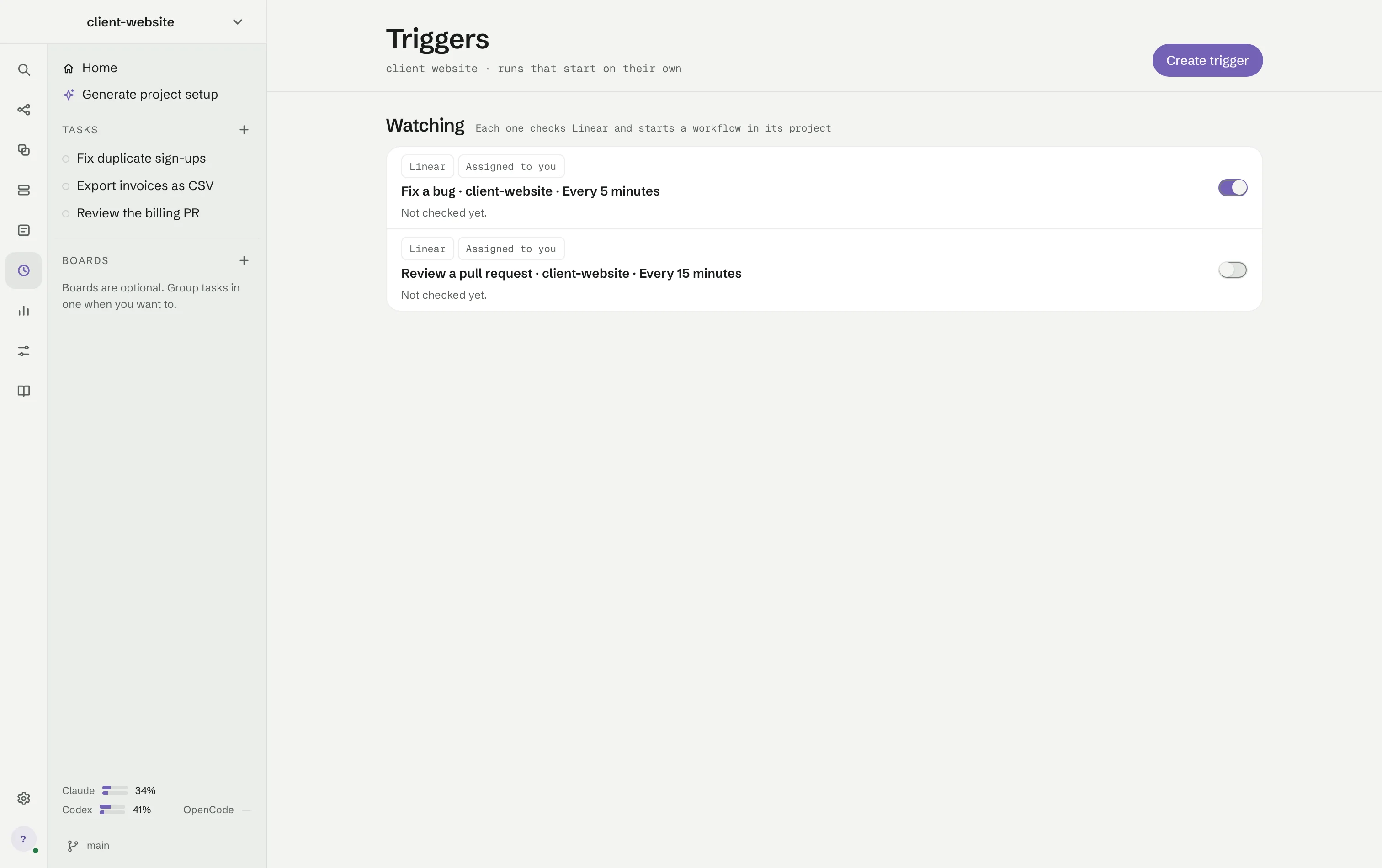 The Triggers screen: two Linear triggers watching for issues assigned to you, one starting Fix a bug every 5 minutes and switched on, one starting Review a pull request every 15 minutes and switched off.
