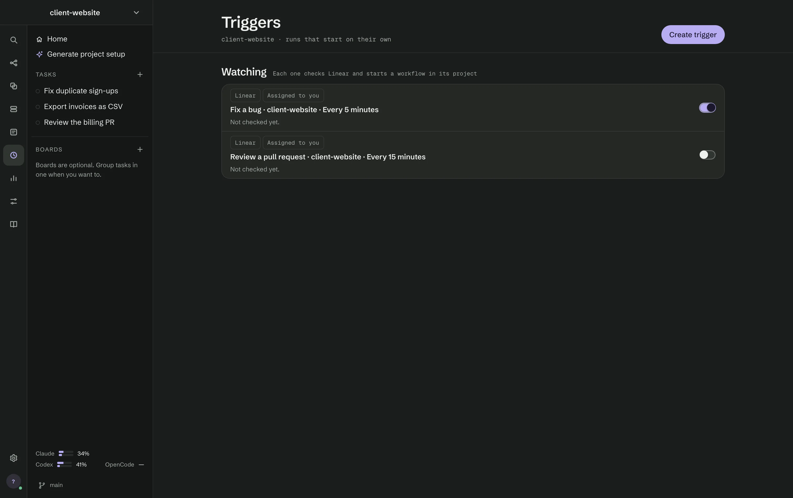 The Triggers screen: two Linear triggers watching for issues assigned to you, one starting Fix a bug every 5 minutes and switched on, one starting Review a pull request every 15 minutes and switched off.