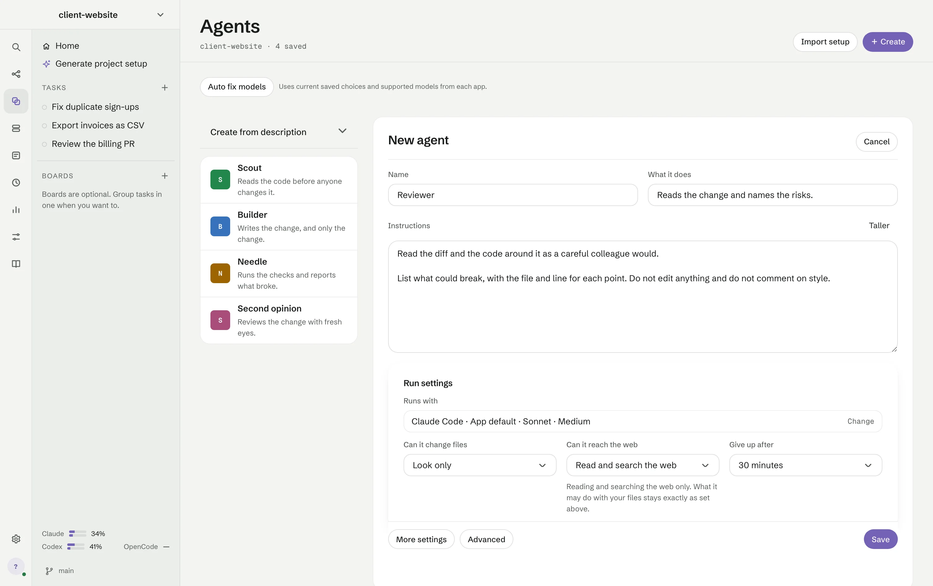 The Agents screen with a new agent called Reviewer: its name, what it does and its instructions filled in, and run settings below with Claude Code, Look only, Read and search the web, and 30 minutes.