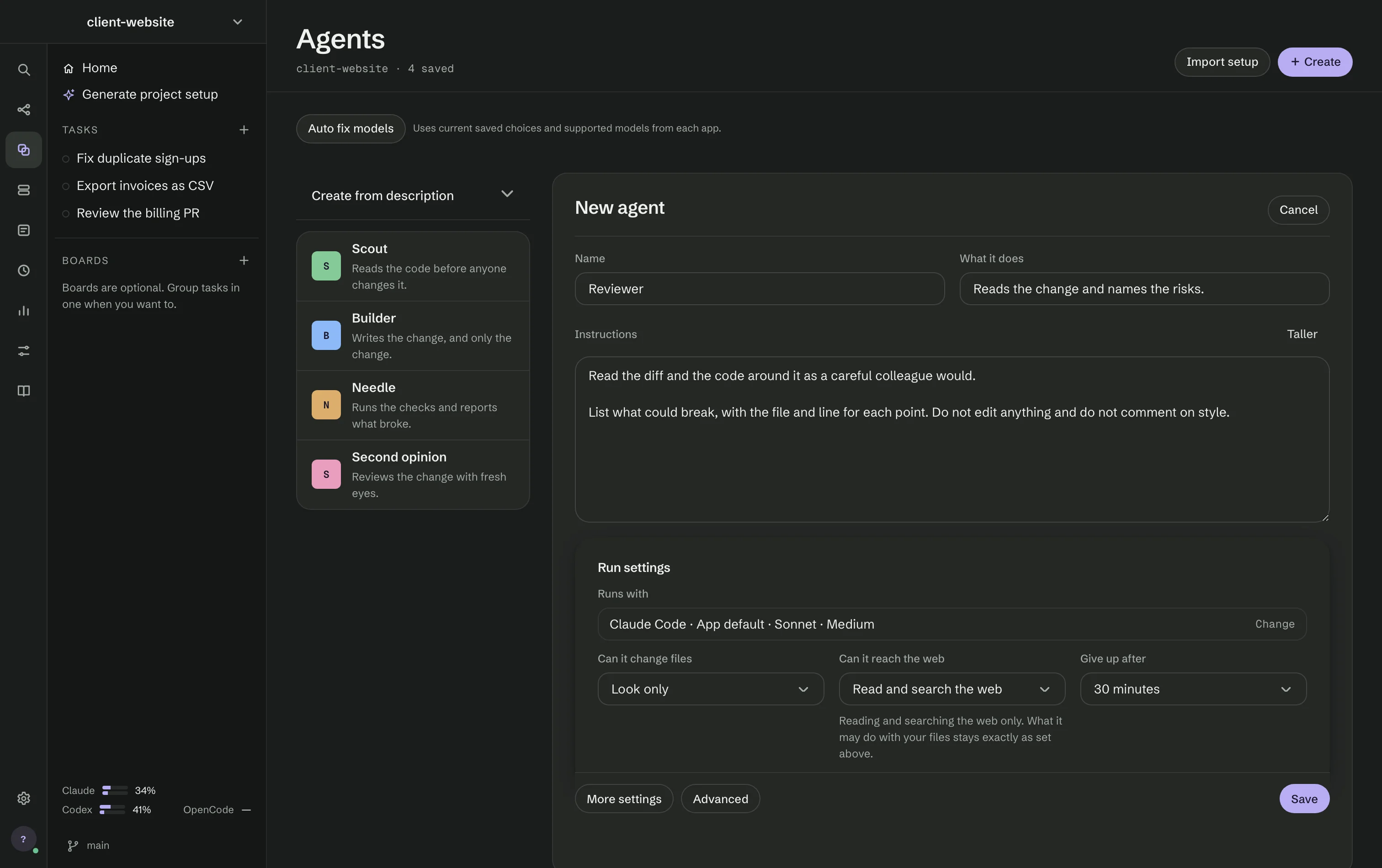 The Agents screen with a new agent called Reviewer: its name, what it does and its instructions filled in, and run settings below with Claude Code, Look only, Read and search the web, and 30 minutes.
