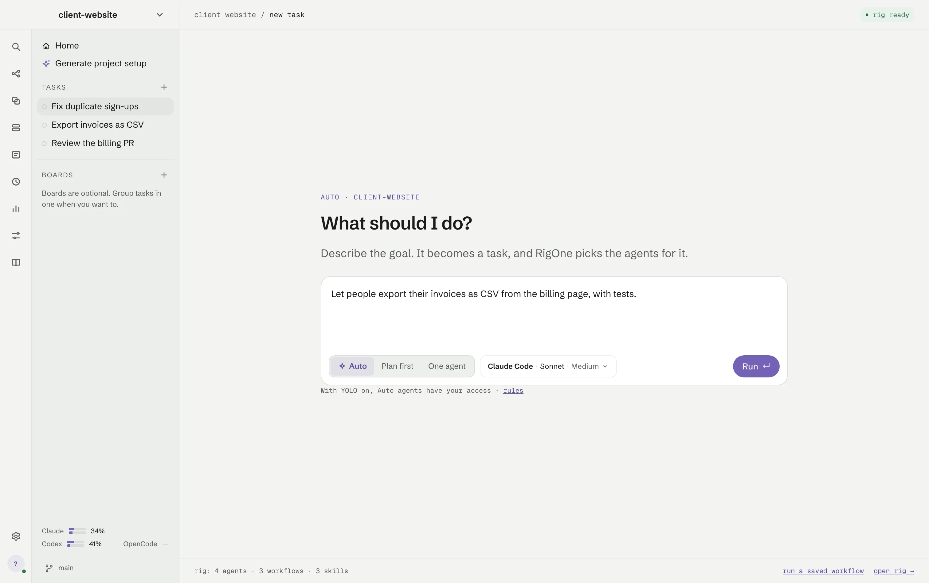 The new task screen with Auto chosen: a goal asking RigOne to let people export their invoices as CSV from the billing page, with tests, and the line saying that with YOLO on, Auto agents have your access.