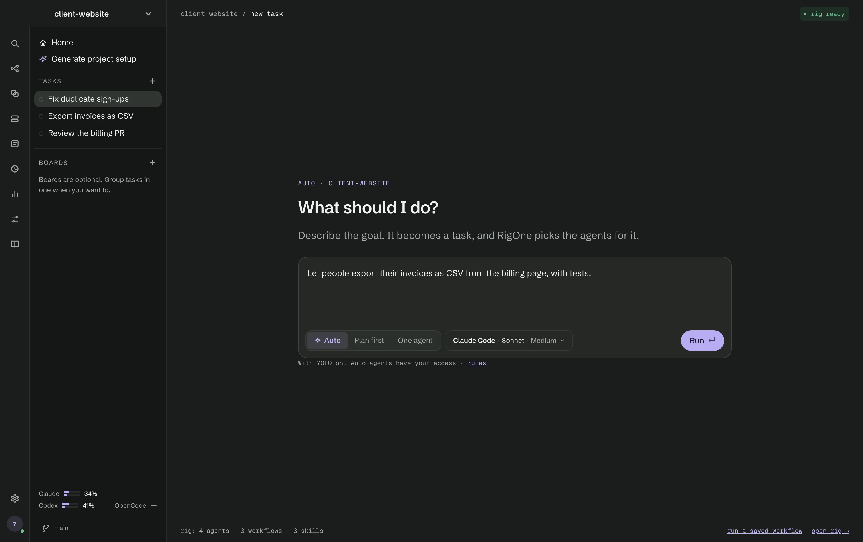 The new task screen with Auto chosen: a goal asking RigOne to let people export their invoices as CSV from the billing page, with tests, and the line saying that with YOLO on, Auto agents have your access.
