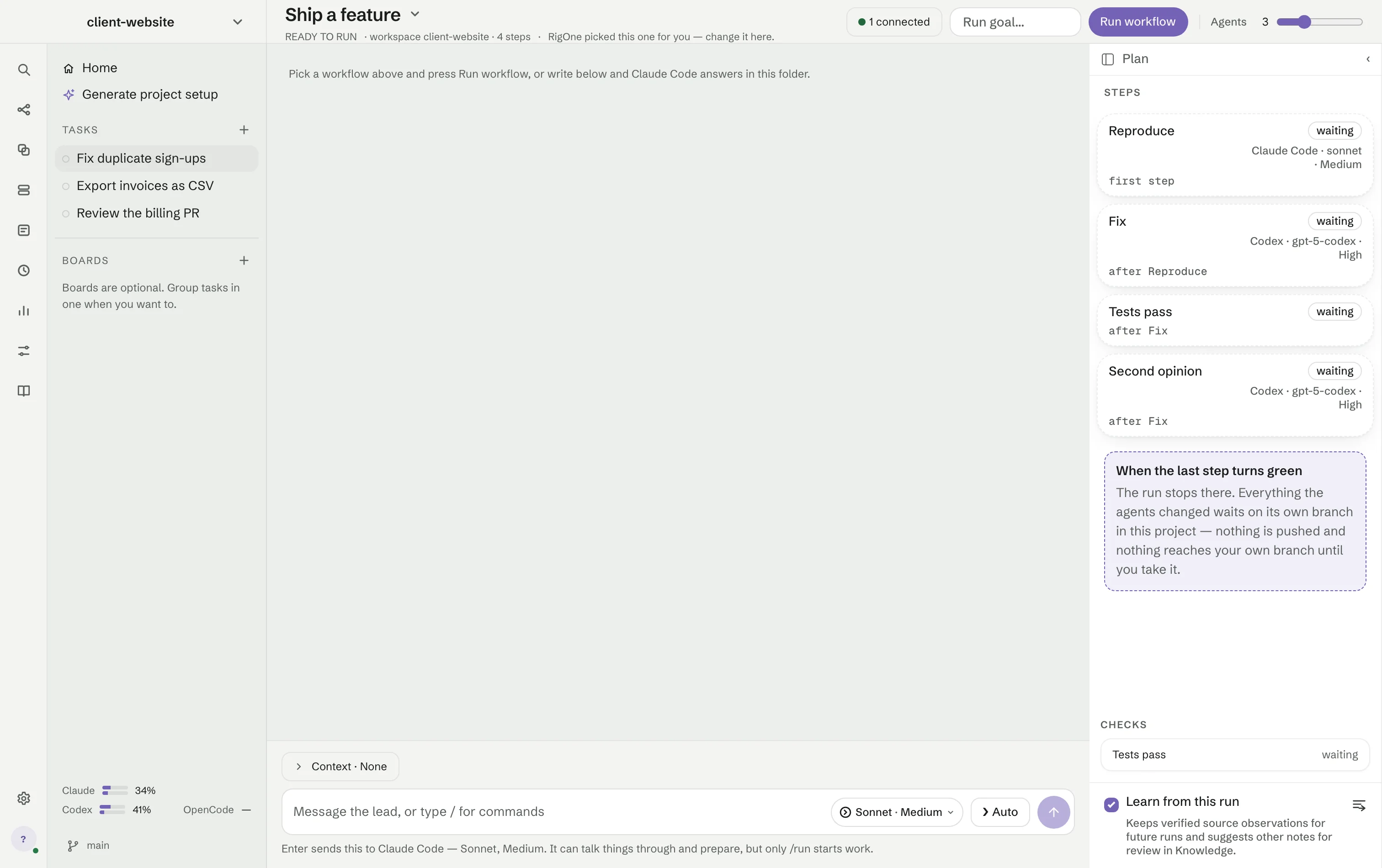 The Tasks screen ready to run Ship a feature: four waiting steps in the plan on the right, each naming the step it runs after, the Agents slider in the header, and Learn from this run ticked.