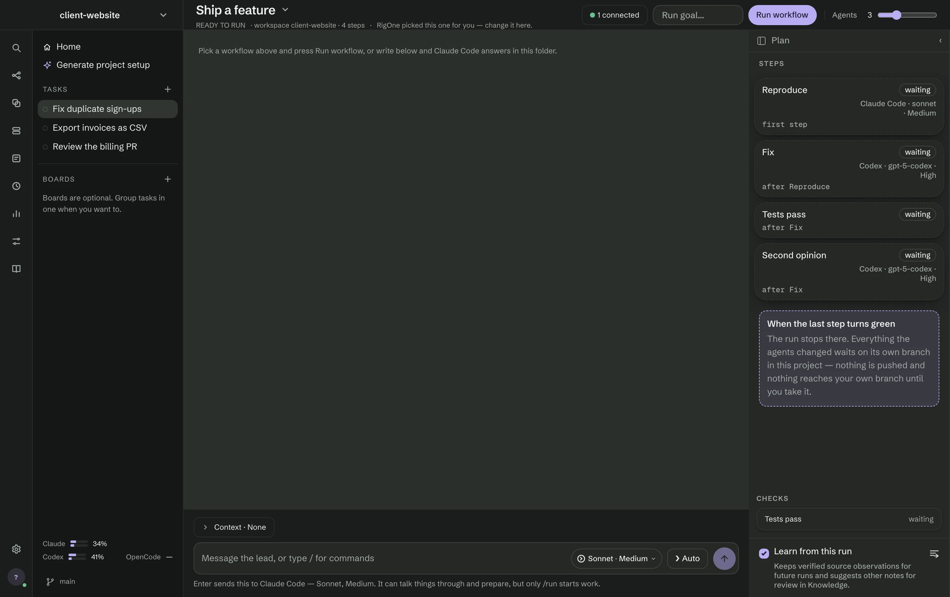 The Tasks screen ready to run Ship a feature: four waiting steps in the plan on the right, each naming the step it runs after, the Agents slider in the header, and Learn from this run ticked.