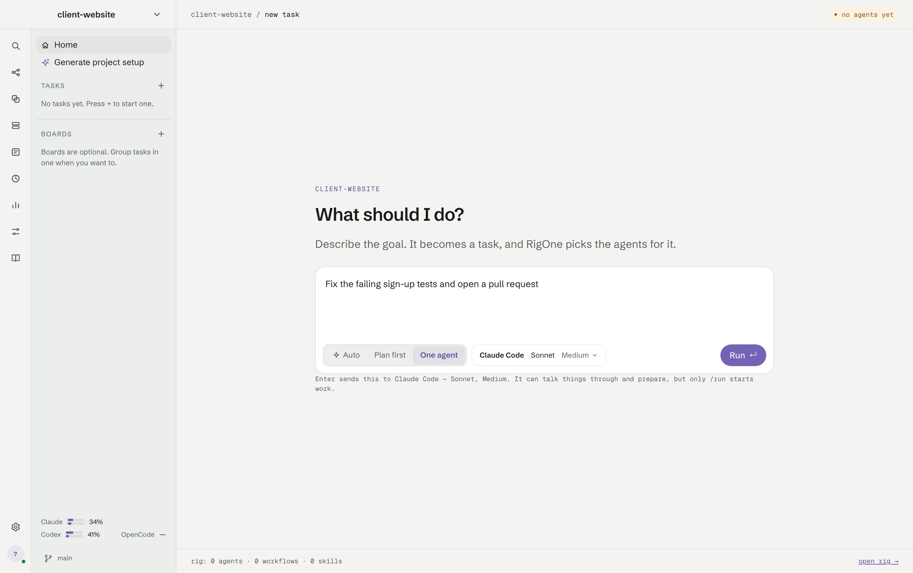 The new task screen of an empty project: What should I do?, a goal typed in the box, the Auto, Plan first and One agent modes, and the no agents yet badge in the corner.
