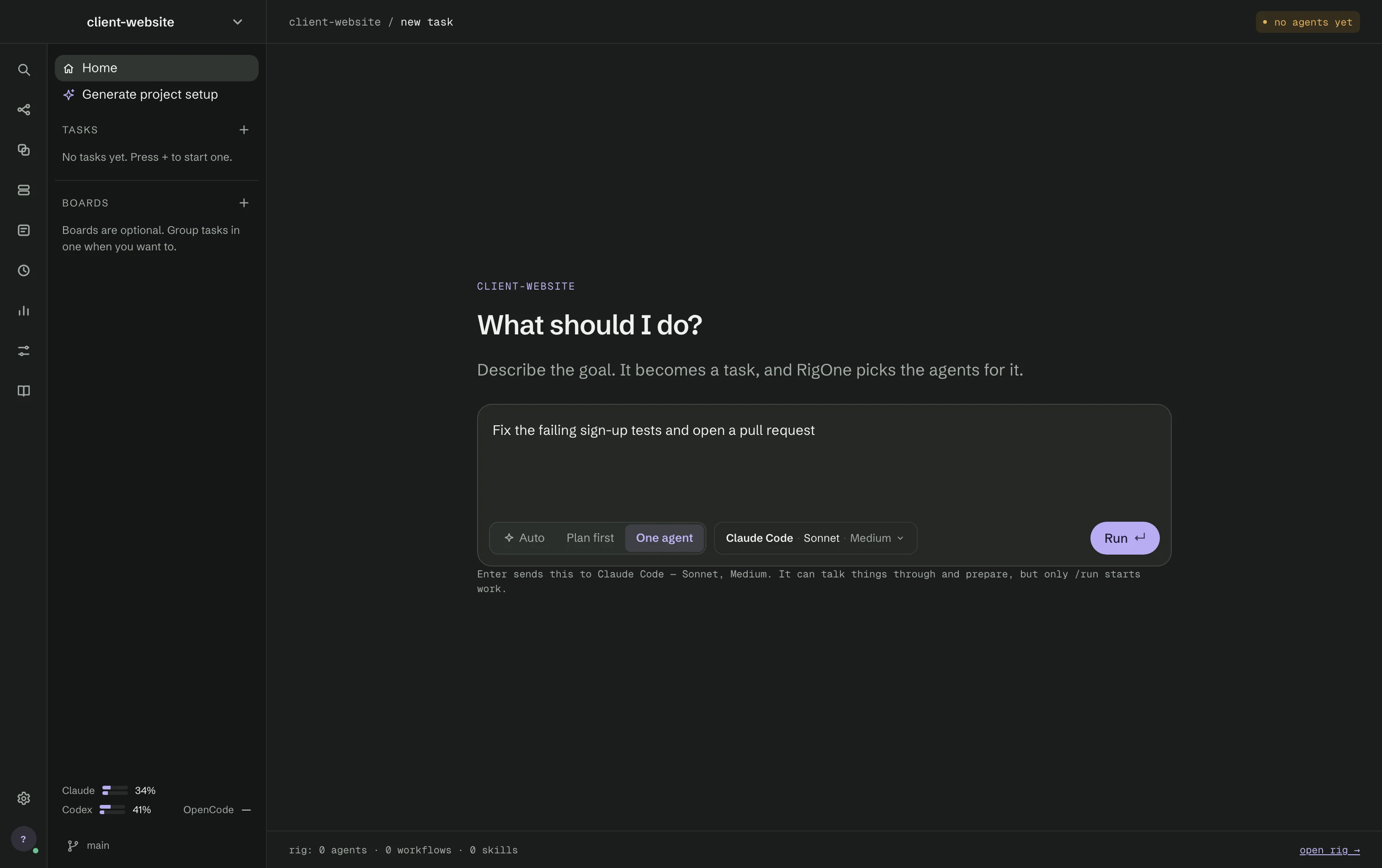 The new task screen of an empty project: What should I do?, a goal typed in the box, the Auto, Plan first and One agent modes, and the no agents yet badge in the corner.