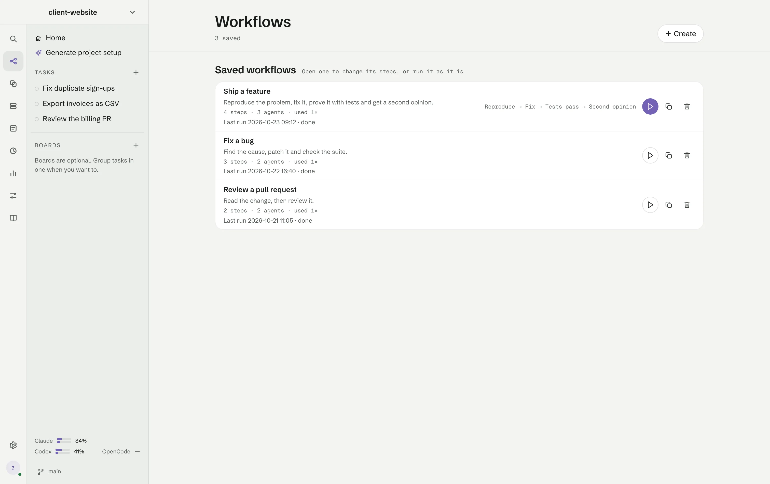 The Workflows screen: Ship a feature with its four steps and last run, Fix a bug and Review a pull request below it, each with run, duplicate and delete buttons.